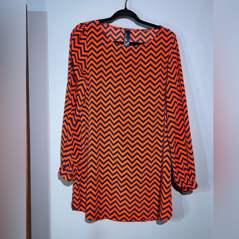 Blue Rain Women's L Orange & Navy Chevron Long Sleeve Mini Dress